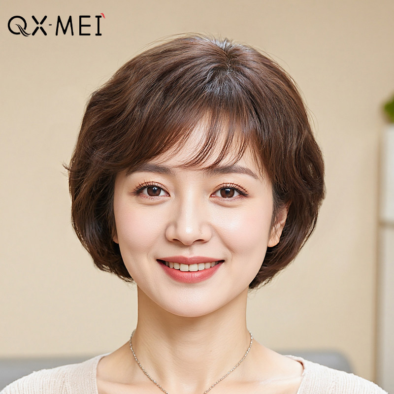 假发女全头套女士自然真发短卷发蓬松中老年妈妈款递针假头套