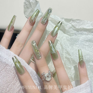 浮光竹影清透新中式国风唯美爆闪猫眼竹子宝瓶假指甲显白穿戴美甲