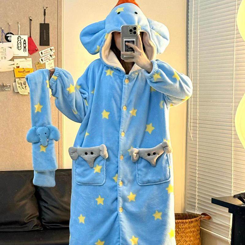侘町2024新款笨笨大象睡袍女秋冬季加绒加厚夹棉睡衣法兰绒家居服,3C数码配件,USB多功能数码宝,淘宝优惠券,粉丝福利购,淘宝优惠卷