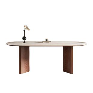 法复古洞式石岩板餐桌方椅组合家用椭圆饭桌MZL-2412长形胡桃木实