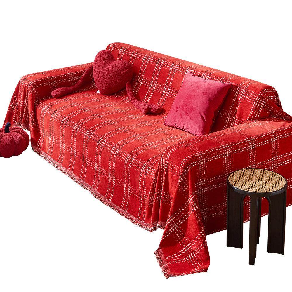 结婚沙发盖布格子红色全盖沙发巾红色整喜庆新款一四张通用盖毯婚,居家布艺,沙发套,淘宝优惠券,粉丝福利购,淘宝优惠卷