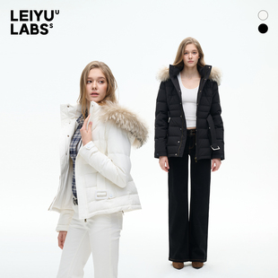LEIYU LABS连帽腰带收腰毛领羽绒服女冬2025年新款白鸭绒保暖外套
