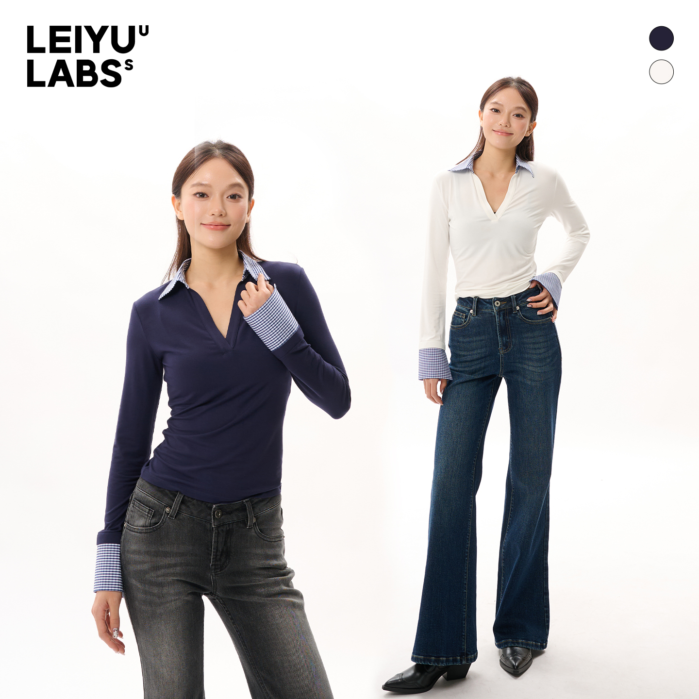 LEIYU LABS设计感拼接格纹针织打底衫女冬2025年新款翻领长袖上衣