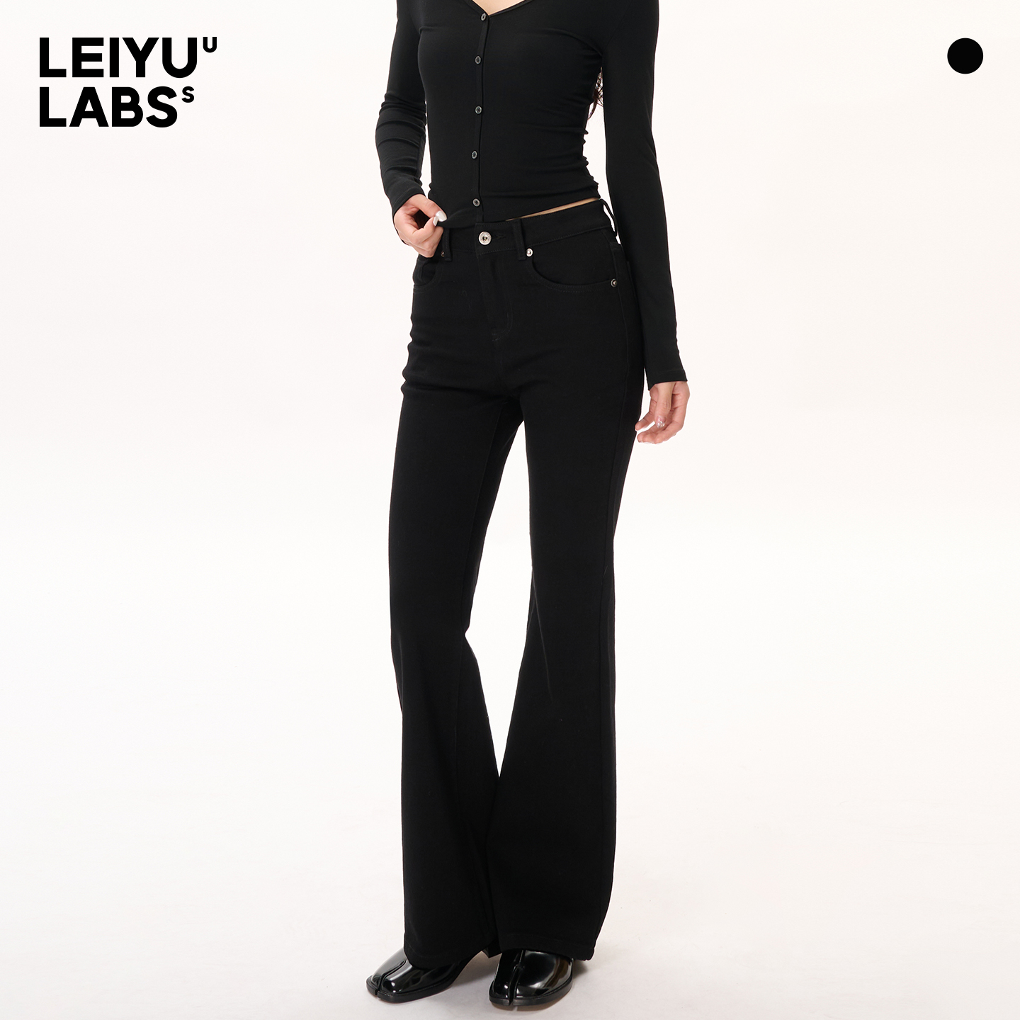 LEIYU LABS黑色高腰微喇牛仔裤女秋2025年新款紧身高弹显瘦喇叭裤