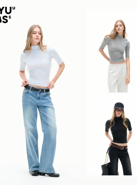 LEIYU LABS莱赛尔针织短袖T恤女春2026年新款紧身立领五分袖上衣