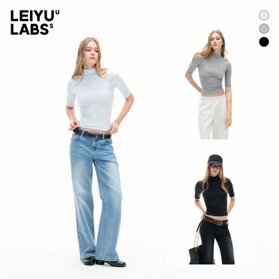 LEIYU LABS莱赛尔针织短袖T恤女春2026年新款紧身立领五分袖上衣