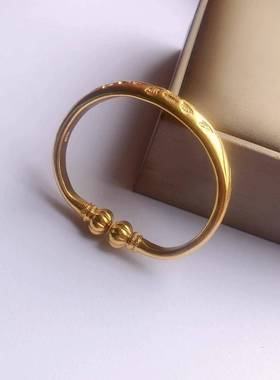 古法手工牡丹花南瓜头开口黄金色手镯复古轻奢气质高级手镯首饰女