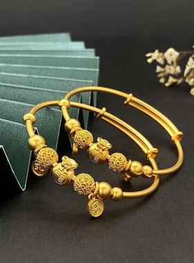 古法黄金色宝宝金手镯平安喜乐寓意好福袋婴儿男女童满月周岁礼物