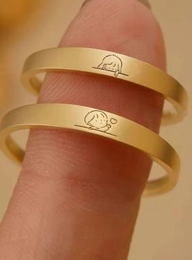 极细哑光质感萌系小众情侣男孩女孩情人节对戒雕刻热恋饰品