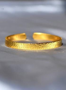 古法传承黄金色锤纹手镯实心素圈开口镯子复古国潮高级质感送女友