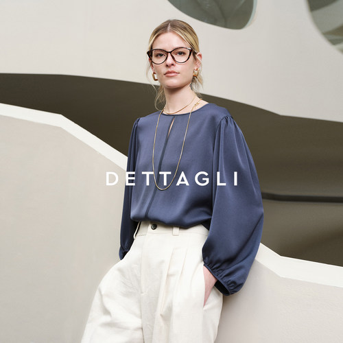 Dettagli/迪塔莉圆领蓝色系显瘦百搭醋酸时髦灯笼袖衬衫轻薄上衣