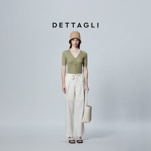 Dettagli/迪塔莉桑蚕丝真丝绿色新款绞花V领针织开衫上衣女