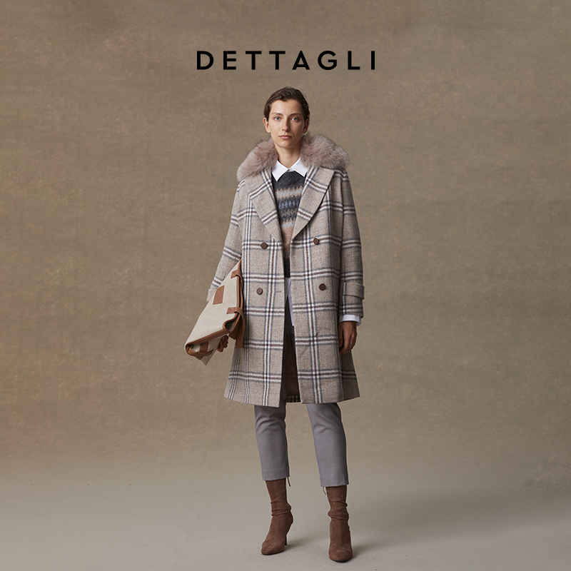 Dettagli/迪塔莉意大利进口面料英伦经典格纹大翻领狐狸毛领大衣