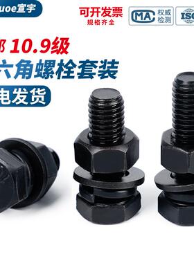 10.9级发黑外六角螺丝套装黑色六角头螺栓螺母平弹垫四组合M6-M30
