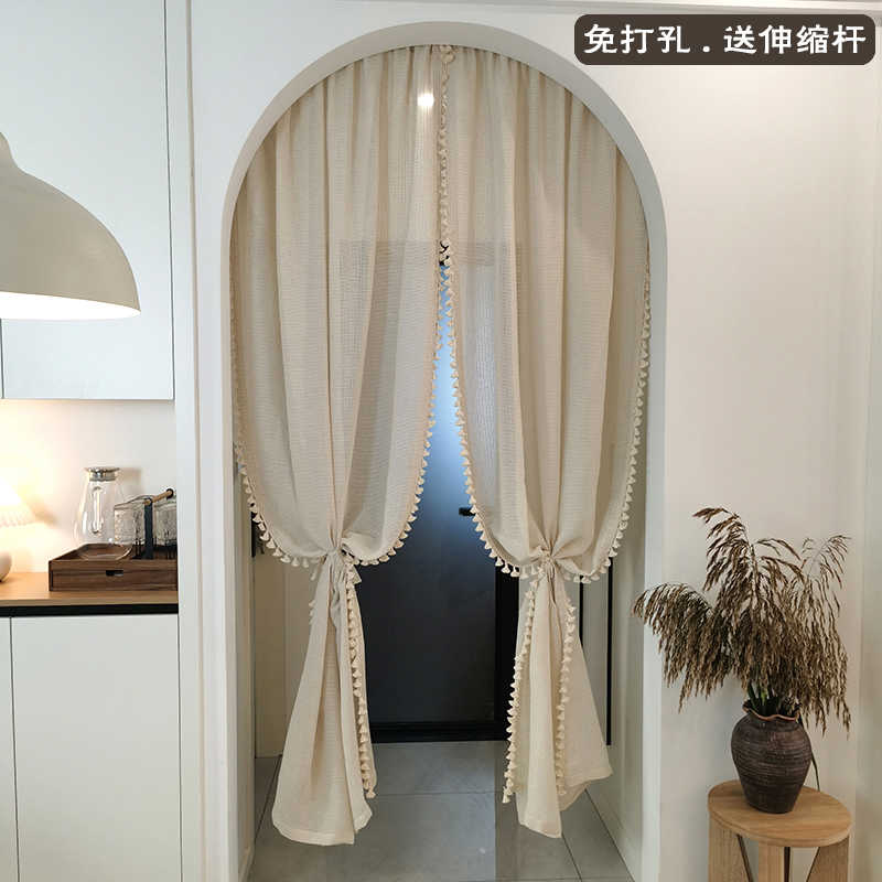 高档奶油中古风门帘棉麻朦胧感纱帘玄关泡芙奶咖隔断帘免打孔安装