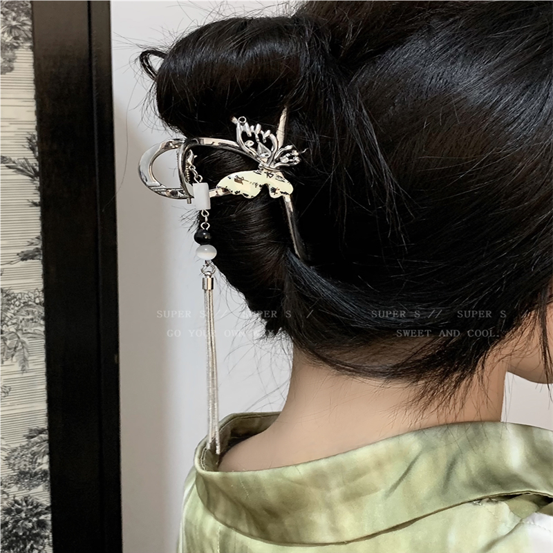 国风蝴蝶流苏大号抓夹女新中式古风头发饰发簪高级感发夹鲨鱼夹子