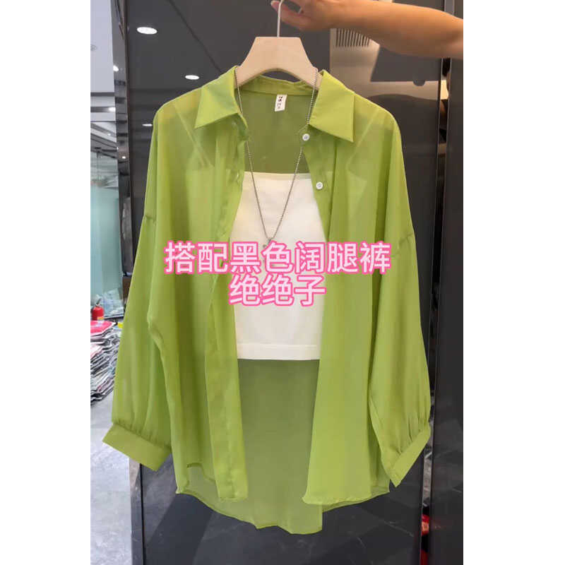 珠光防晒衬衫女生夏季轻薄透视网纱雪纺空调开衫bf慵懒风外搭上衣