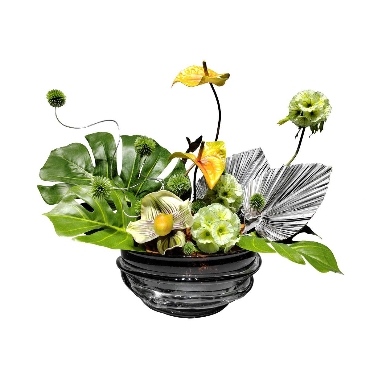 现代轻奢仿真花艺样板房酒店桌面绿植假花琉璃花器插花装饰品摆件