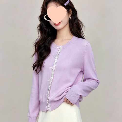 设计感法式蕾丝边长袖针织圆领开衫女早秋外搭宽松短款上衣外套
