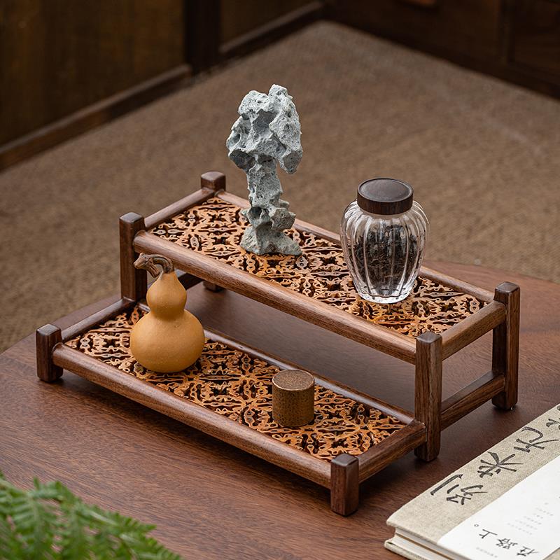 核桃木桌面收纳柜可层叠杯子置物架台面零食茶水餐边柜实木杯架