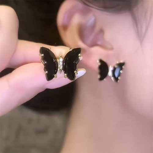 银耳环9999纯银夏天百搭黑色水晶蝴蝶耳钉纯银针简约甜美耳饰高级