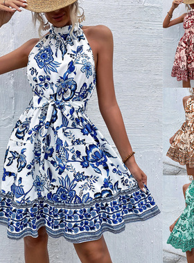 Floral waist cinching lace up dress碎花收腰系带连衣裙