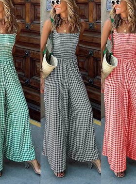 Mid waist casual checkered jumpsuit中腰休闲格子连体裤