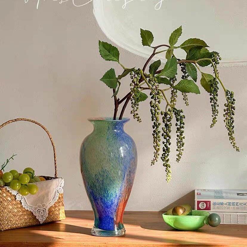 彩色玻璃花瓶琉璃装饰花器法式中古客厅餐桌插花样板间摆件水培瓶