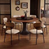 户新法式 中古风圆桌椅家用大小型款 带转盘子木纹拼花全实木桌XYJ