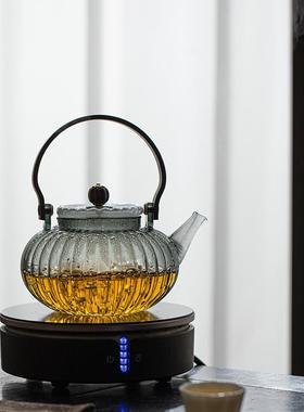 泥人述CIG家高硼硅玻璃南瓜壶灰色高透柄提梁壶用围木炉煮茶花茶