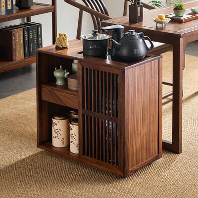 木柜PIP侧边柜胡桃木实式新中客厅移动茶水柜茶一体边几茶水台烧