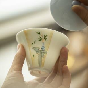 知山mjtc志晴山蓝明头赏竹文云归盖碗手绘文人器竹盖碗陶瓷功案夫