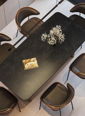 式复古胡桃木色实木岩板餐桌厅法家用轻奢FXT客现代简约意式黑色