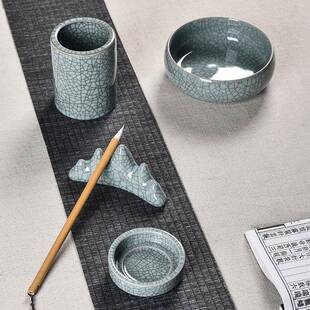 青笔瓷文房四宝用品套装陶瓷洗法F95HTJ95滴笔架笔砚筒书毛笔墨锭
