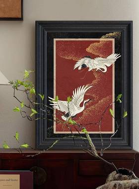 仙鹤图法式复古红色玄关画饰画RPW客厅厅新中式中餐国风挂美式壁