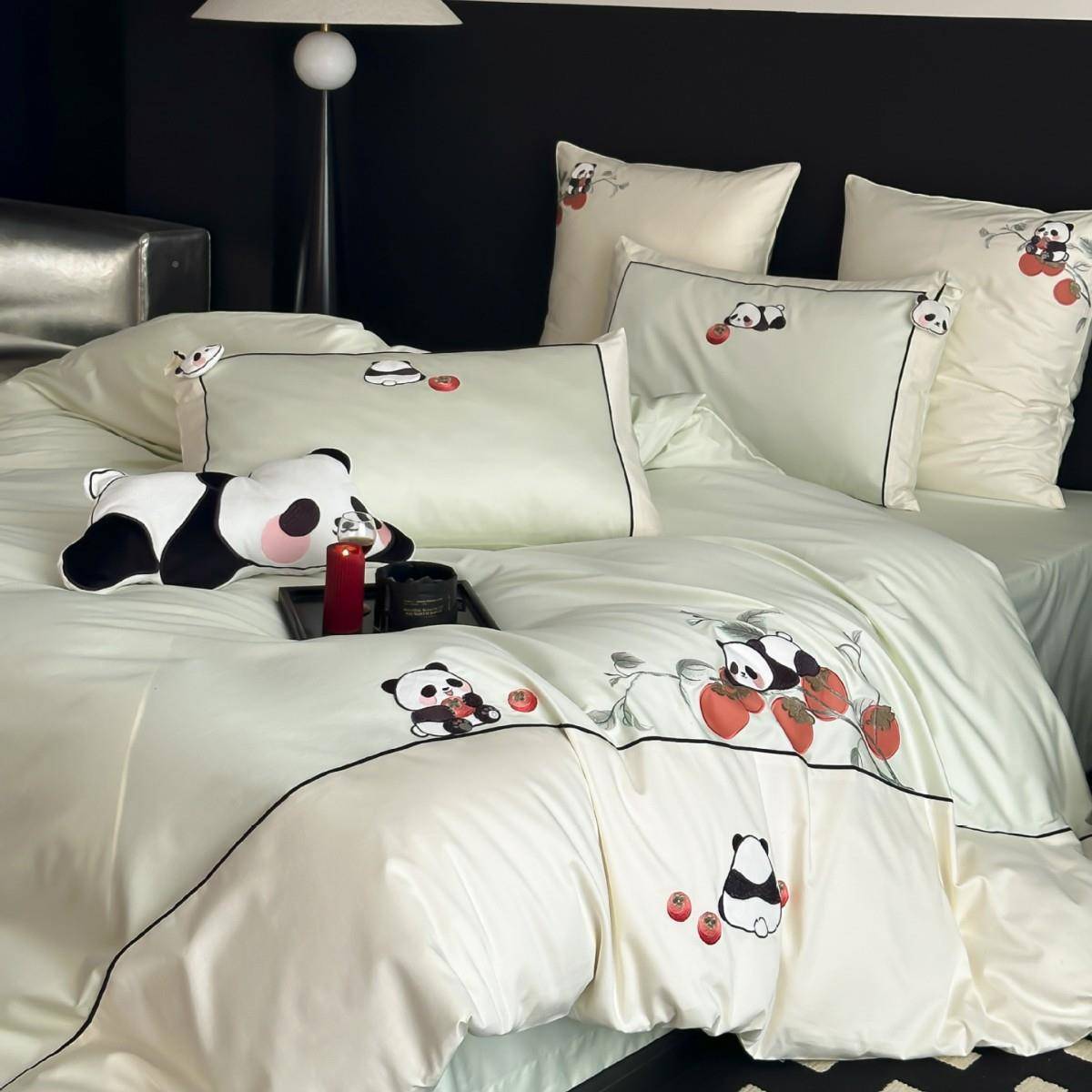 新中式高端刺绣熊猫01四0S长绒棉结婚床庆件套全WSJ02棉红色被套