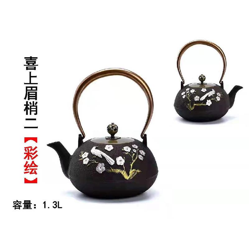 水国风彩绘铸铁茶壶无工涂层MQQ手生铁家用茶具烧泡茶家用壶古风