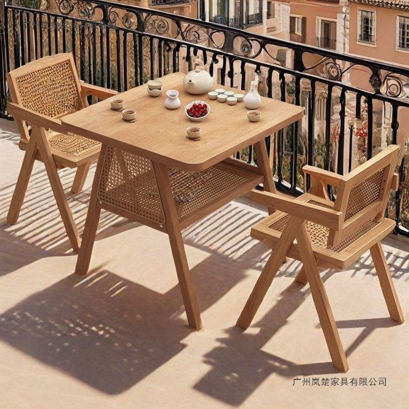 实木阳台茶桌椅组合简约洽谈桌网红一桌两椅小户型休闲藤椅三件套
