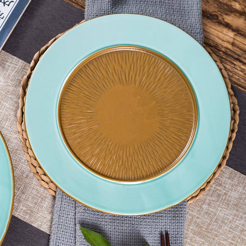 复风欧式宫大廷风圆形古浮瓷雕盘子陶YWL个性餐具号牛排盘西餐盘