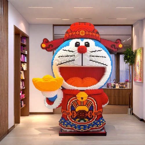 正版授权财神哆啦A梦积木拼装益智国潮玩具男女生日礼物摆件
