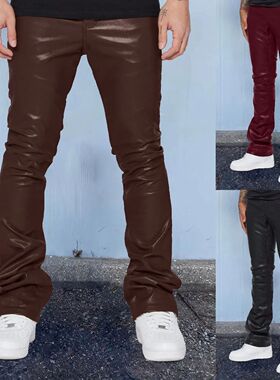 Solid color mid waist leather flared pants纯色中腰皮面喇叭裤