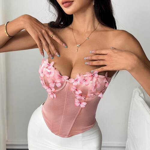 Low cut butterfly strapless fishbone top低胸蝴蝶抹胸鱼骨上衣