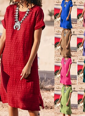 Short sleeved round neck slit dress 纯色圆领开叉短袖连衣裙女