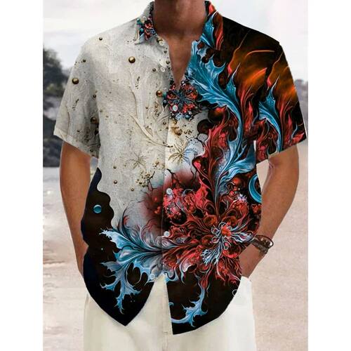 3D digital printed short sleeved shirt3D数码印花短袖系扣衬衫