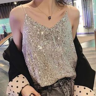 crystal shiny loose strap V领亮晶晶宽松吊带上衣女 top neck