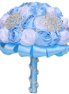 源头货源现货浅蓝配白色手捧花水钻缎带新娘手捧花捧花W318B