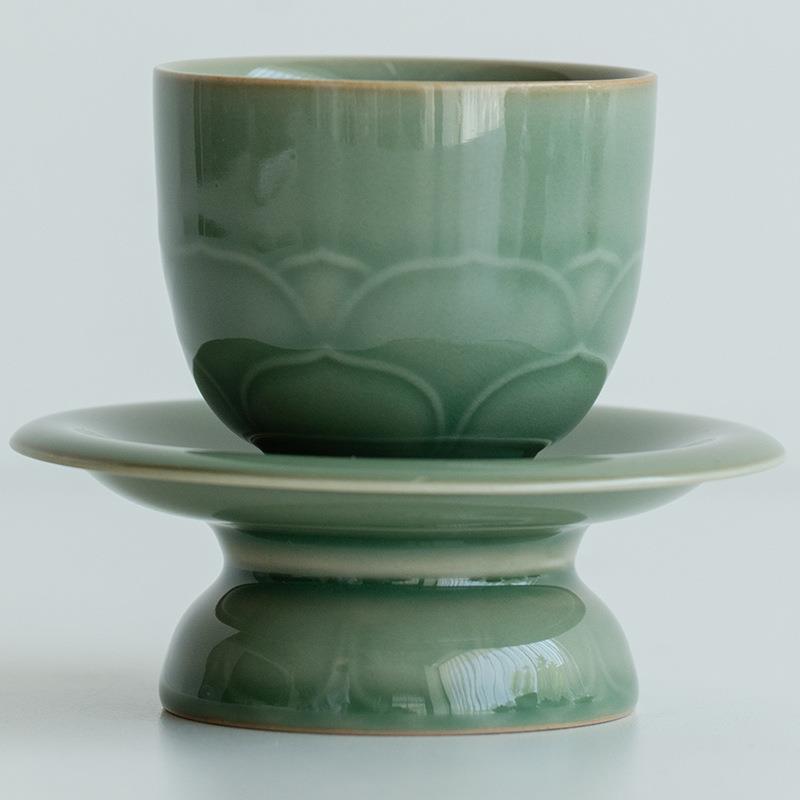 越窑青瓷茶杯杯垫组合仿宋茶杯复古莲花茶盏品茗杯家用陶瓷杯