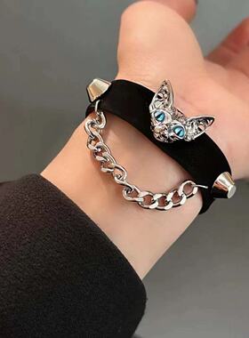 暗黑风原创设计贝斯猫头铆钉手链小众轻奢个性百搭情侣款真皮项圈