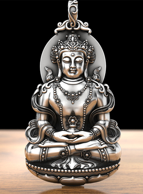 999纯银 柳枝观世音菩萨银吊坠男复古霸气挂坠观音项链本命佛男女