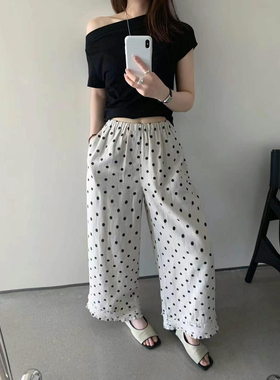 卡曼诗Kms韩标百搭显瘦松紧腰波点苎麻直筒裤女休闲裤舒适MM53